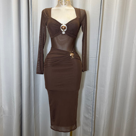 Front Trim mesh Midi dress-Brown