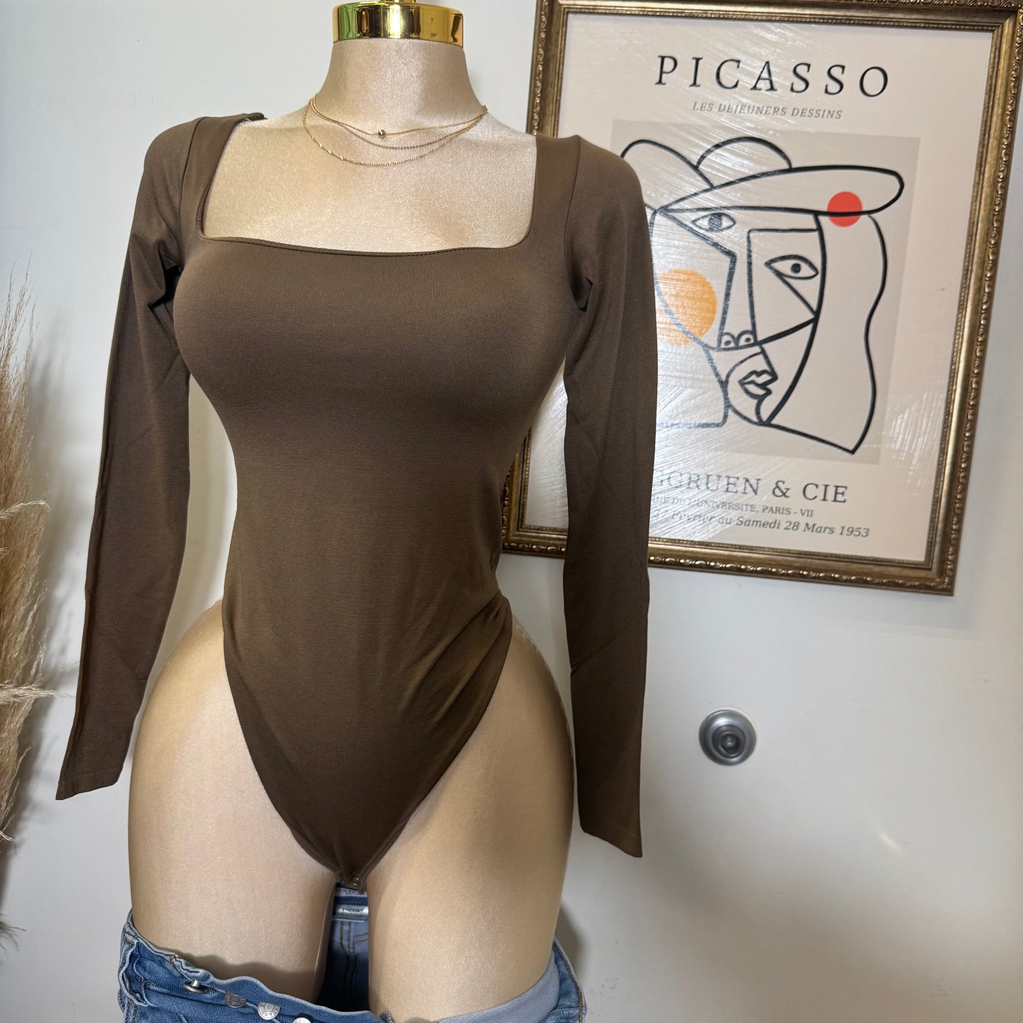 Square Neck Long Sleeveless Bodysuit-Brown