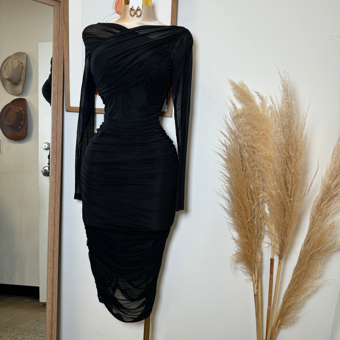 Long Sleeve Mesh Surplus Front Ruched Midi Dress-Black