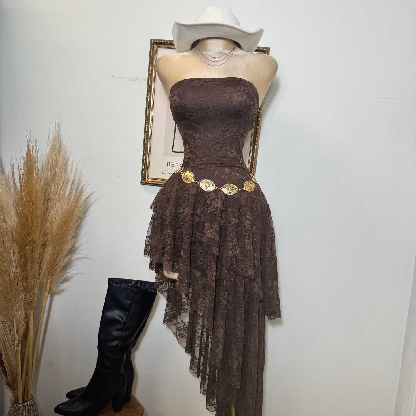 Lace Double Layer Ruffle Asymmetrical Maxi Dress-Brown