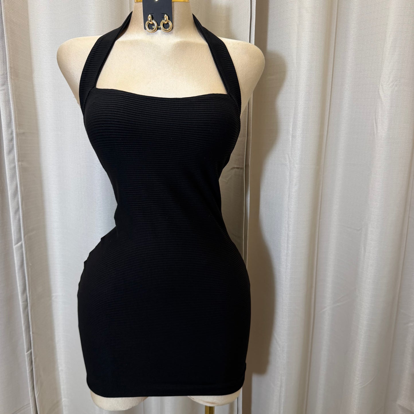Halter Ribbed mini  Dress -Black