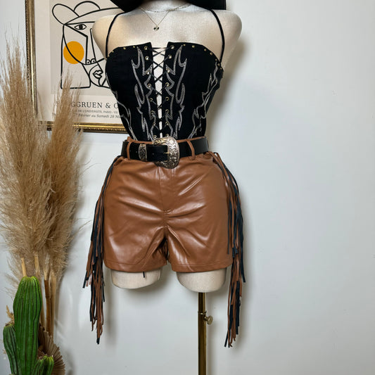 Leather Fringe Shorts-Camel