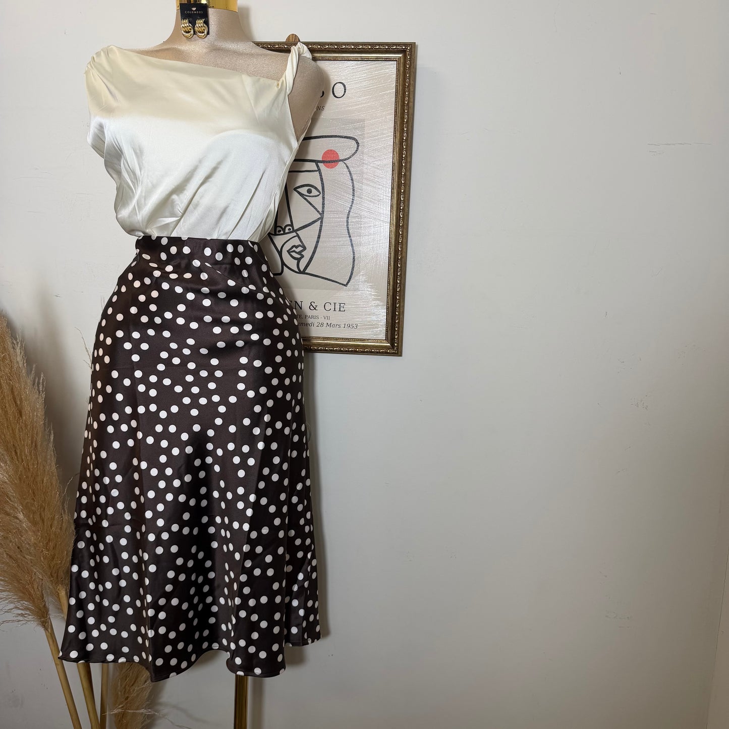 Polka Dot Print Satin Midi Skirt-brown