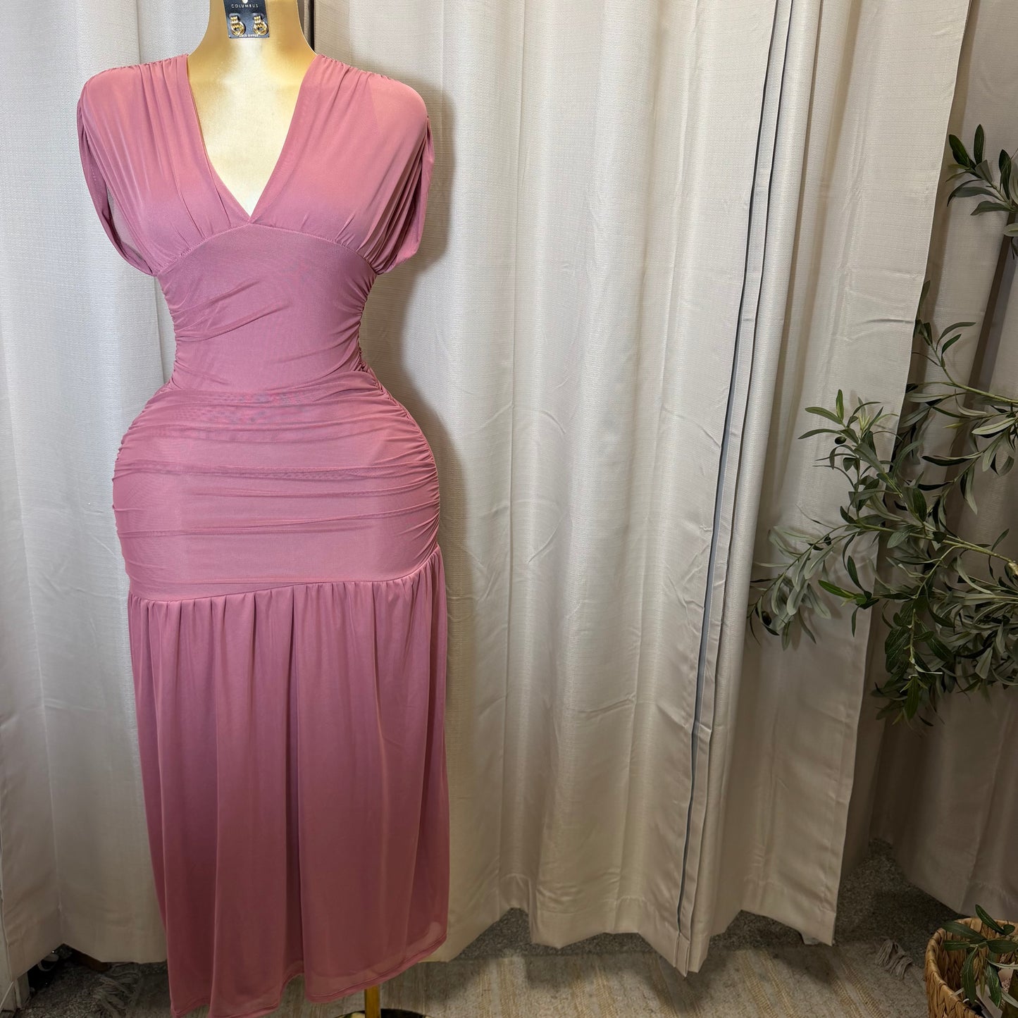 V Neck Mesh Maxi Dress-Pink
