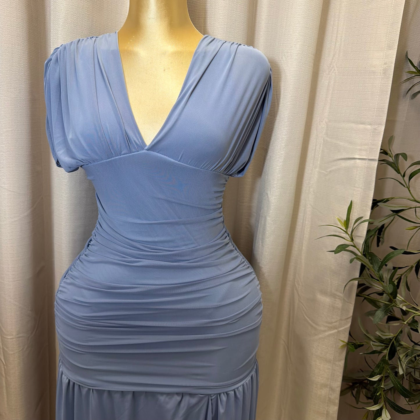 V Neck Mesh Maxi Dress-baby blue