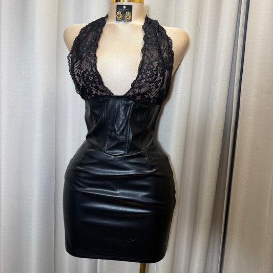 Leather Lace Halter Bodycon Mini Dress-Black