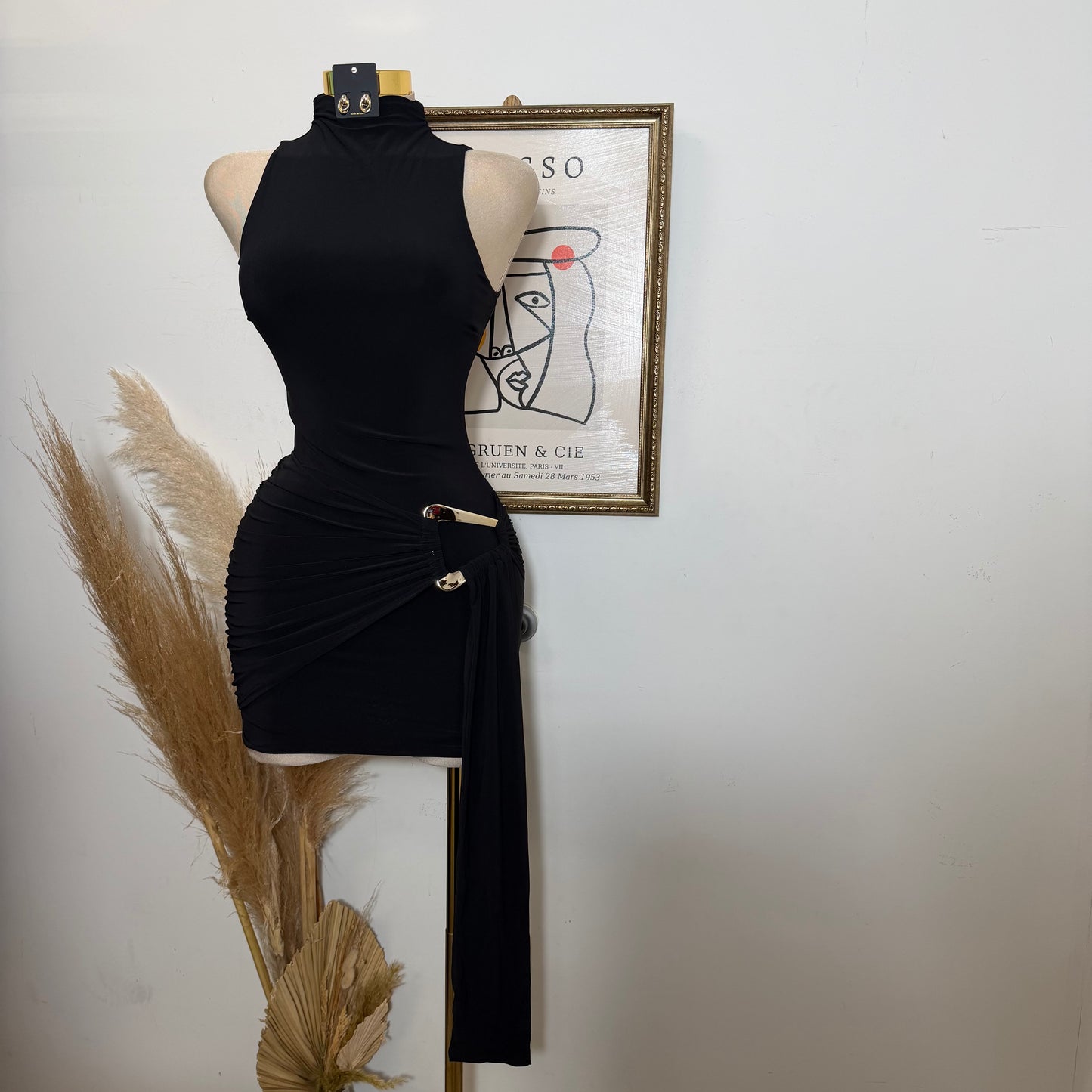 Mock Neck Front Sash With Trim Detail Mini Dress-Black (Copy)