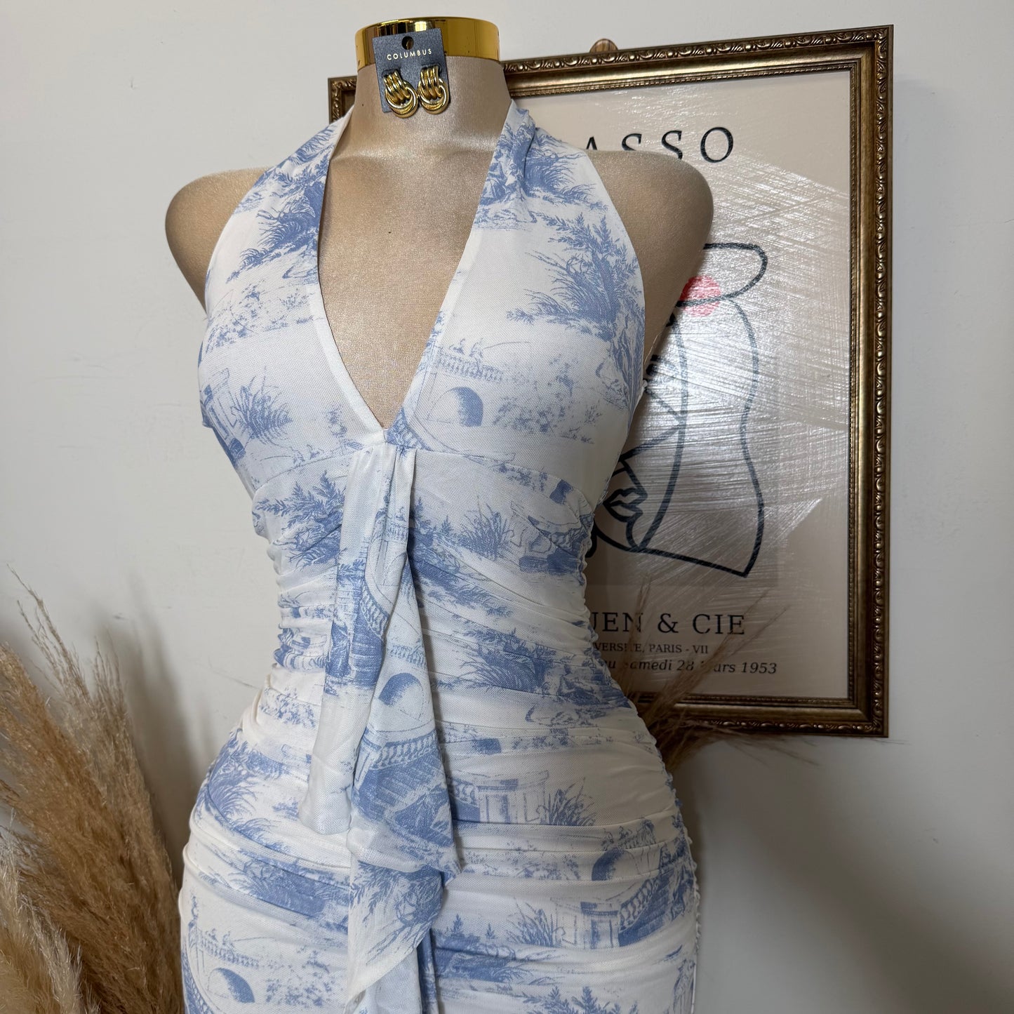 Deep plunge Halter Neck Ruched a-Line Midi Dress-Blue/White