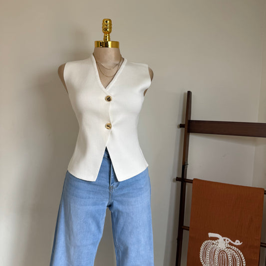 Gold Buttons knit Vest- Ivory