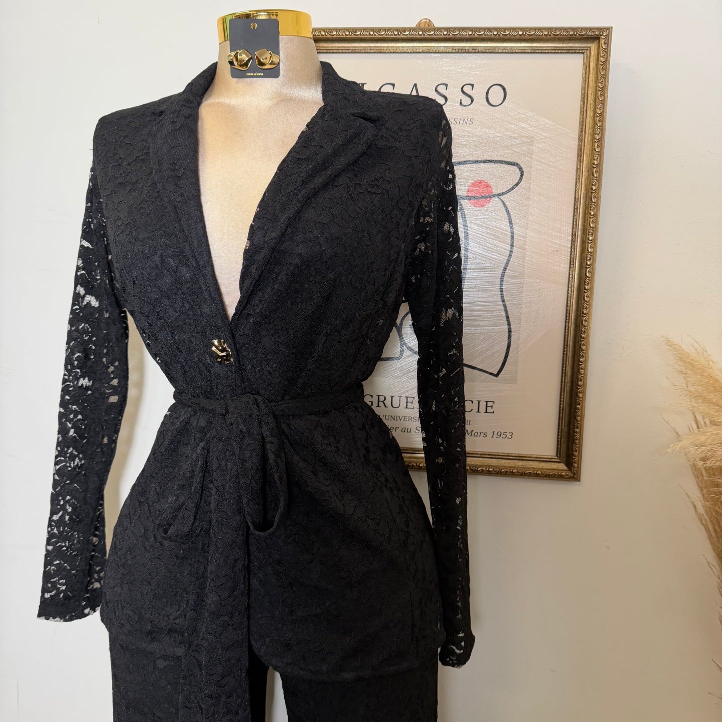 Lace blazer Pant Set -Black