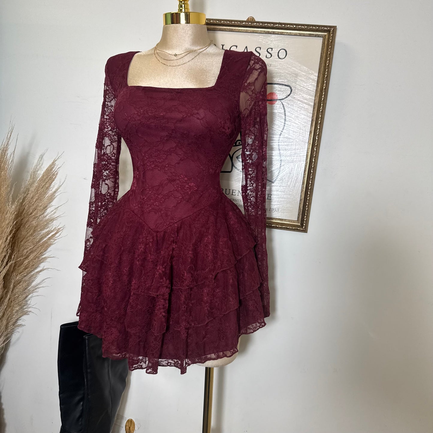 Lace Long Sleeve Ruffle Layered Mini Dress-Burgundy