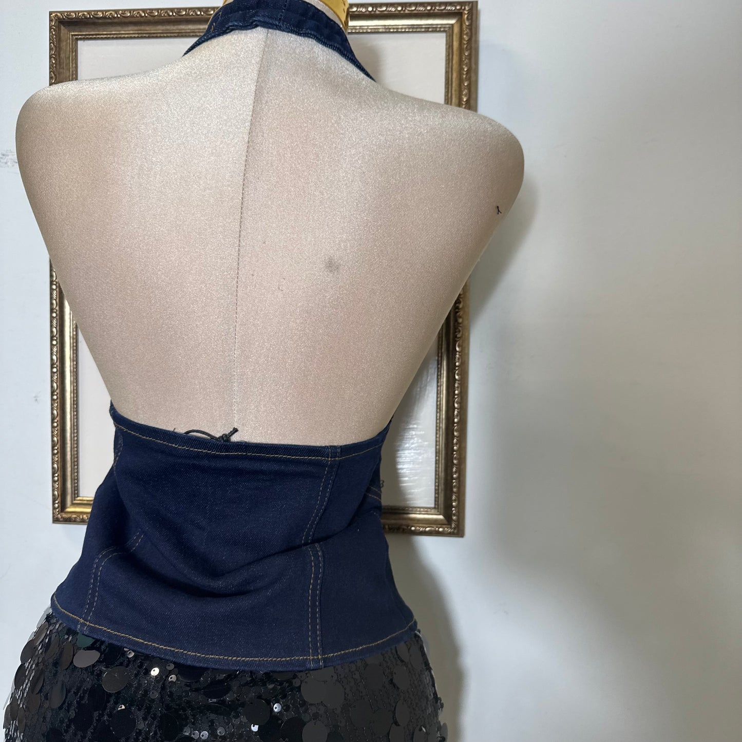 Halter Bust Belt Detail Denim Top-Denim