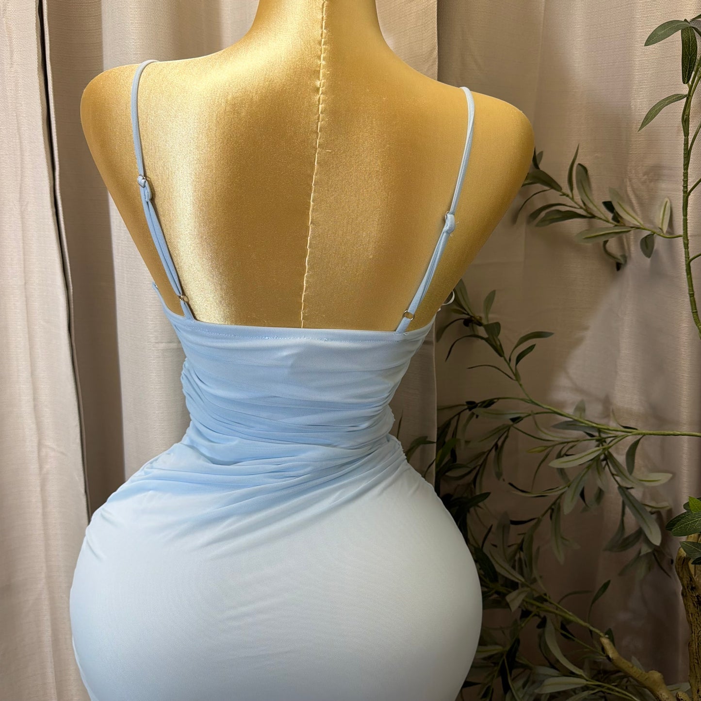 Mesh draped Slit Midi Dress-Baby Blue
