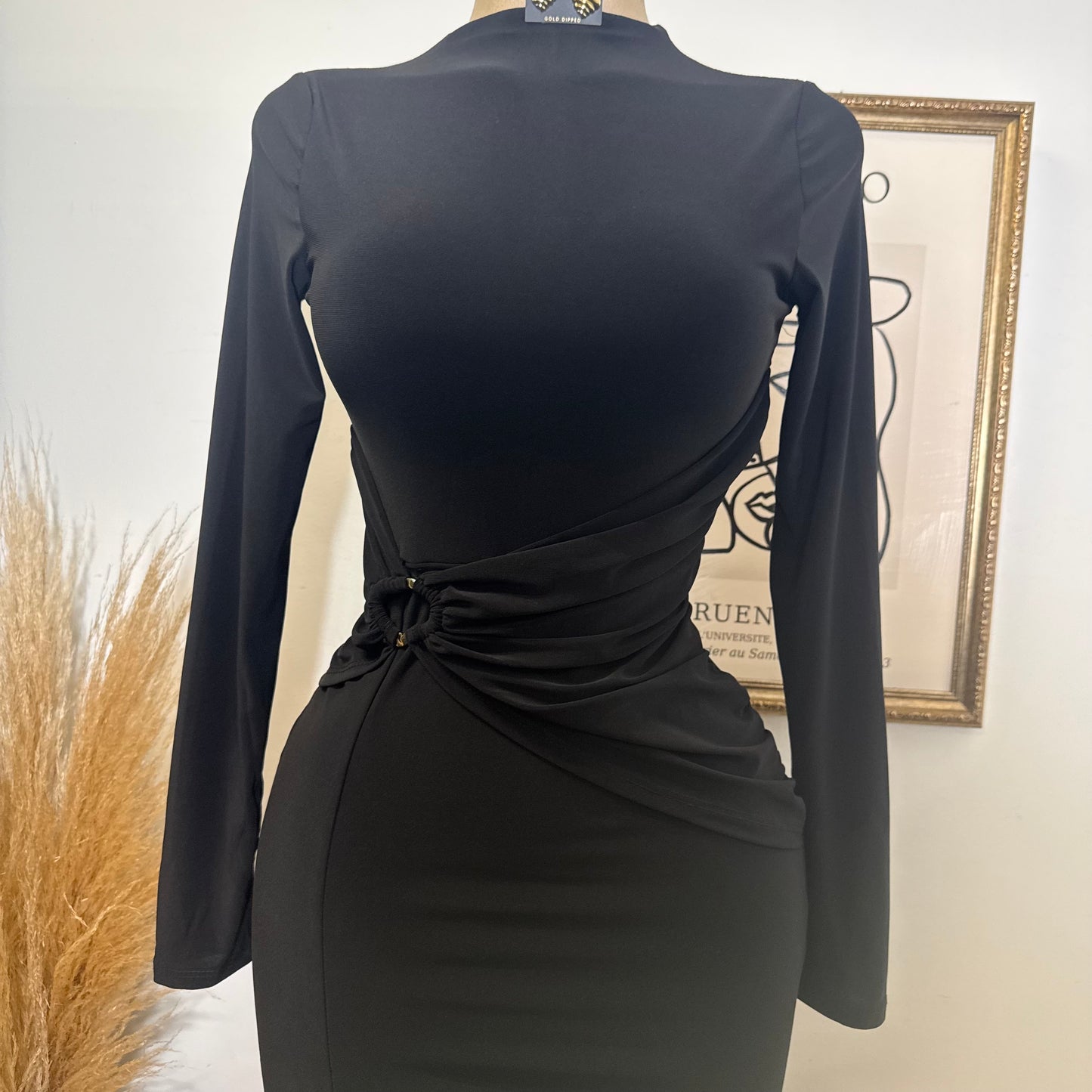 Long Sleeve Open Slit Dress-Black