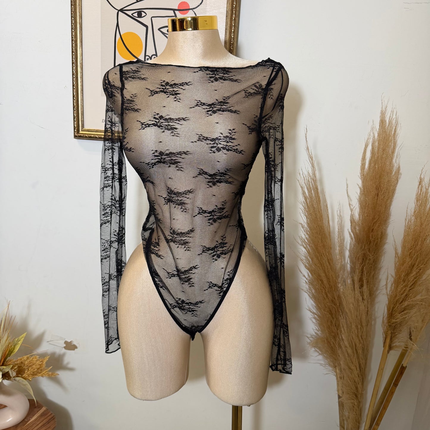 Long Sleeve lace  Top-Black