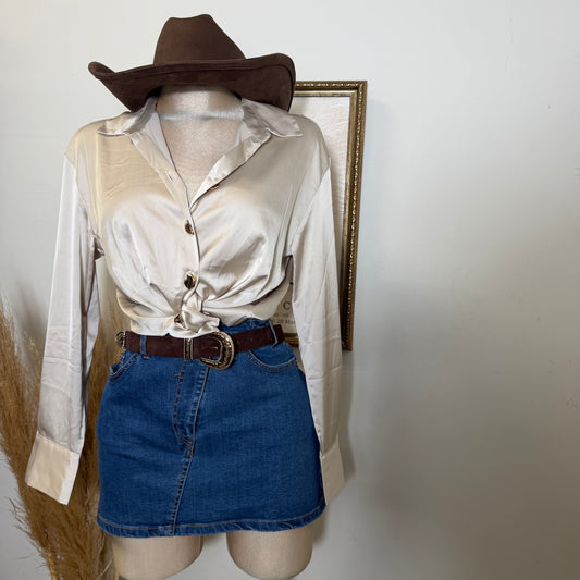 Long sleeve Satin button-Up top-Champagne