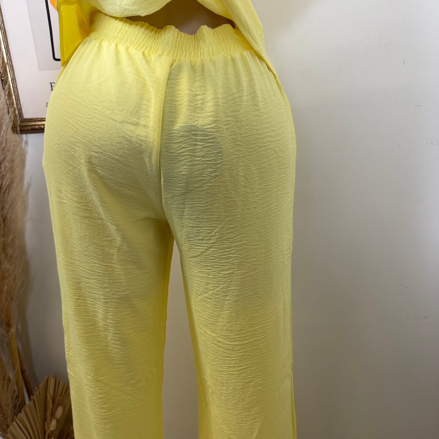 Front Knot Tie Button Down Top and Pants Set-Lt Yellow
