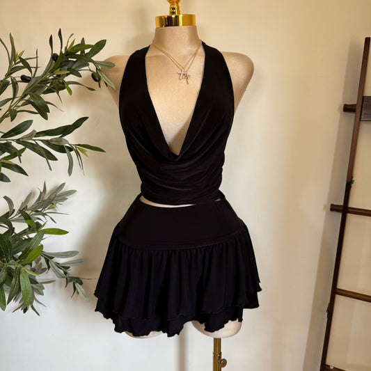 Cowl Halter Skirt Set -black