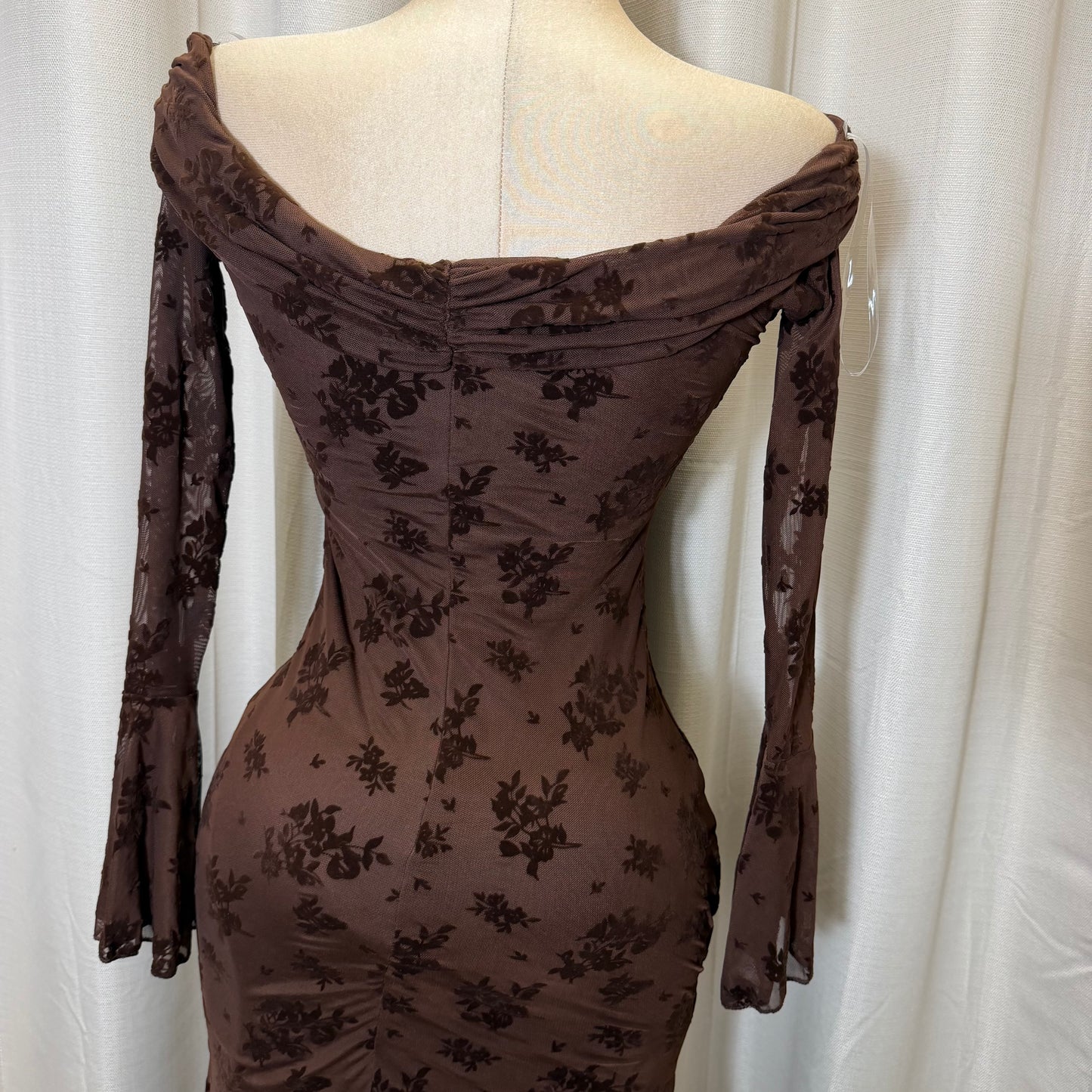 Flocked Long Sleeve Mesh off shoulder maxi Dress-Brown
