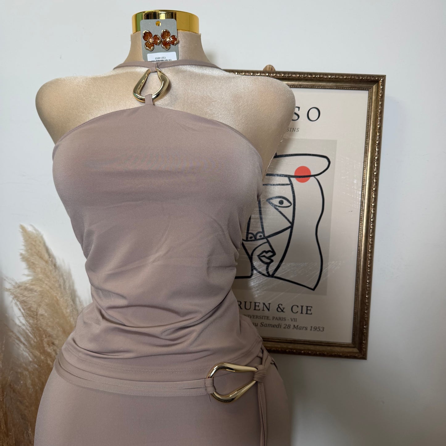 Keyhole Halter Top W/ Midi Skirt Set-Taupe
