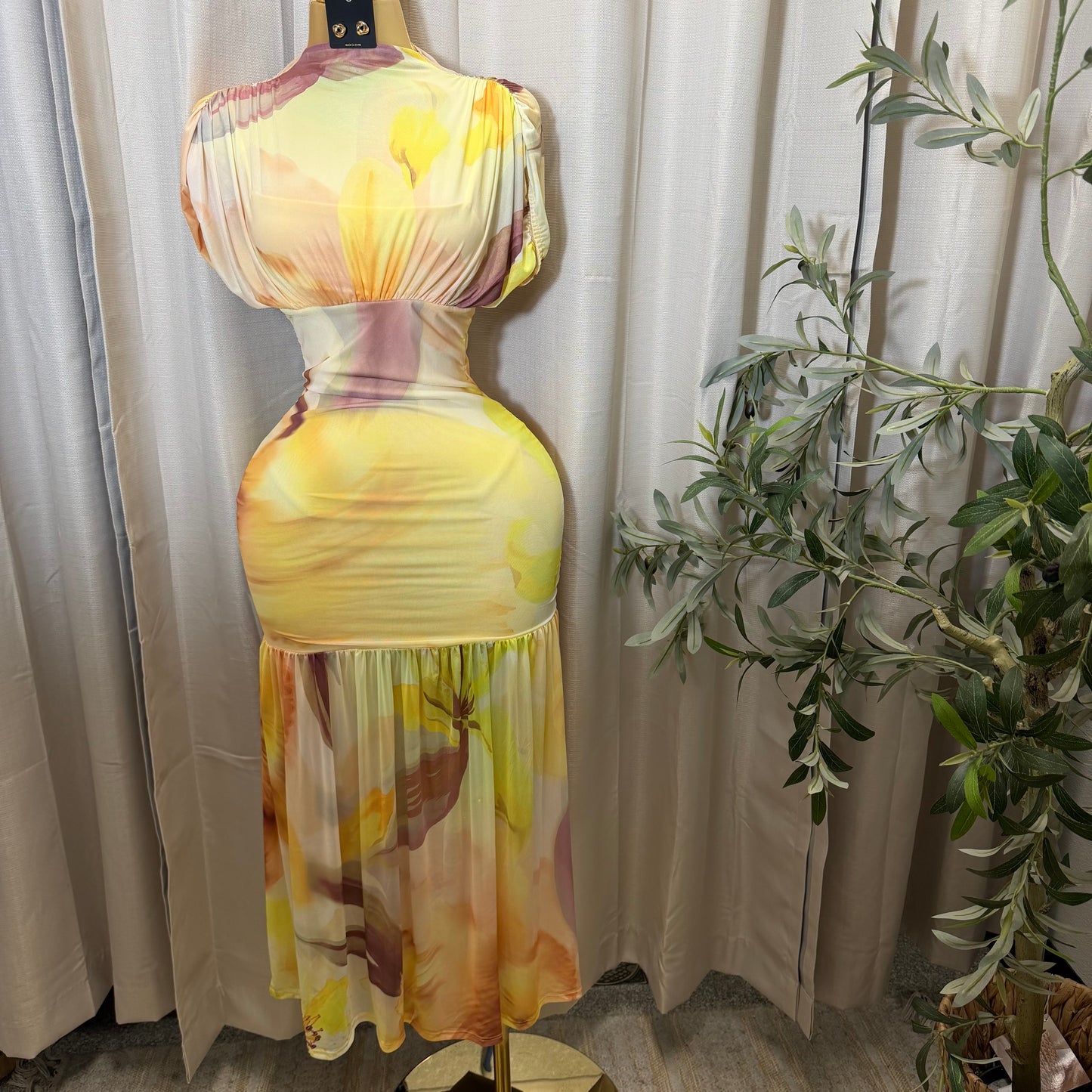 Mesh & Knit Mix Long Dress-Yellow Print