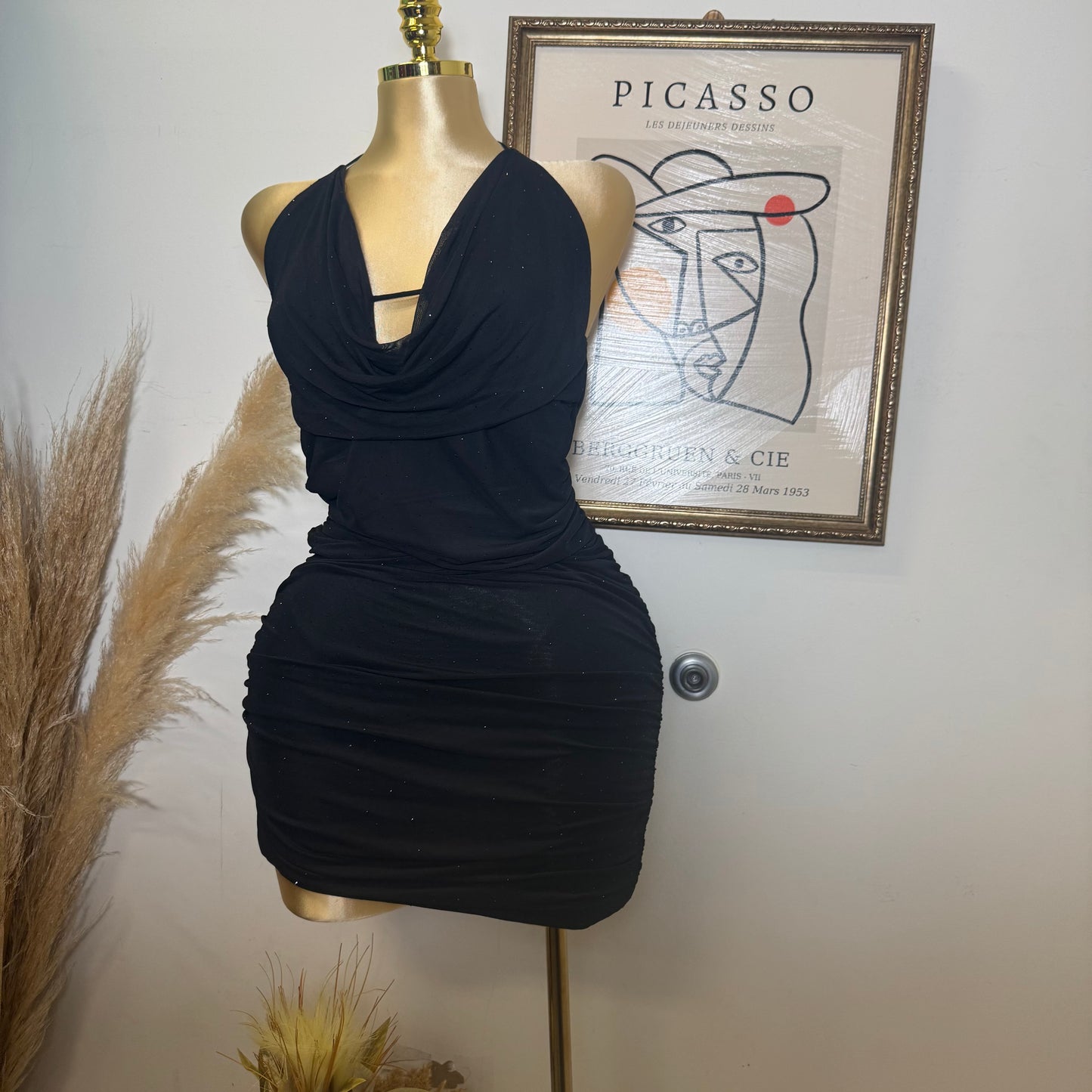 Rhinestone Detail Ruched Mesh Halter Dress-Black