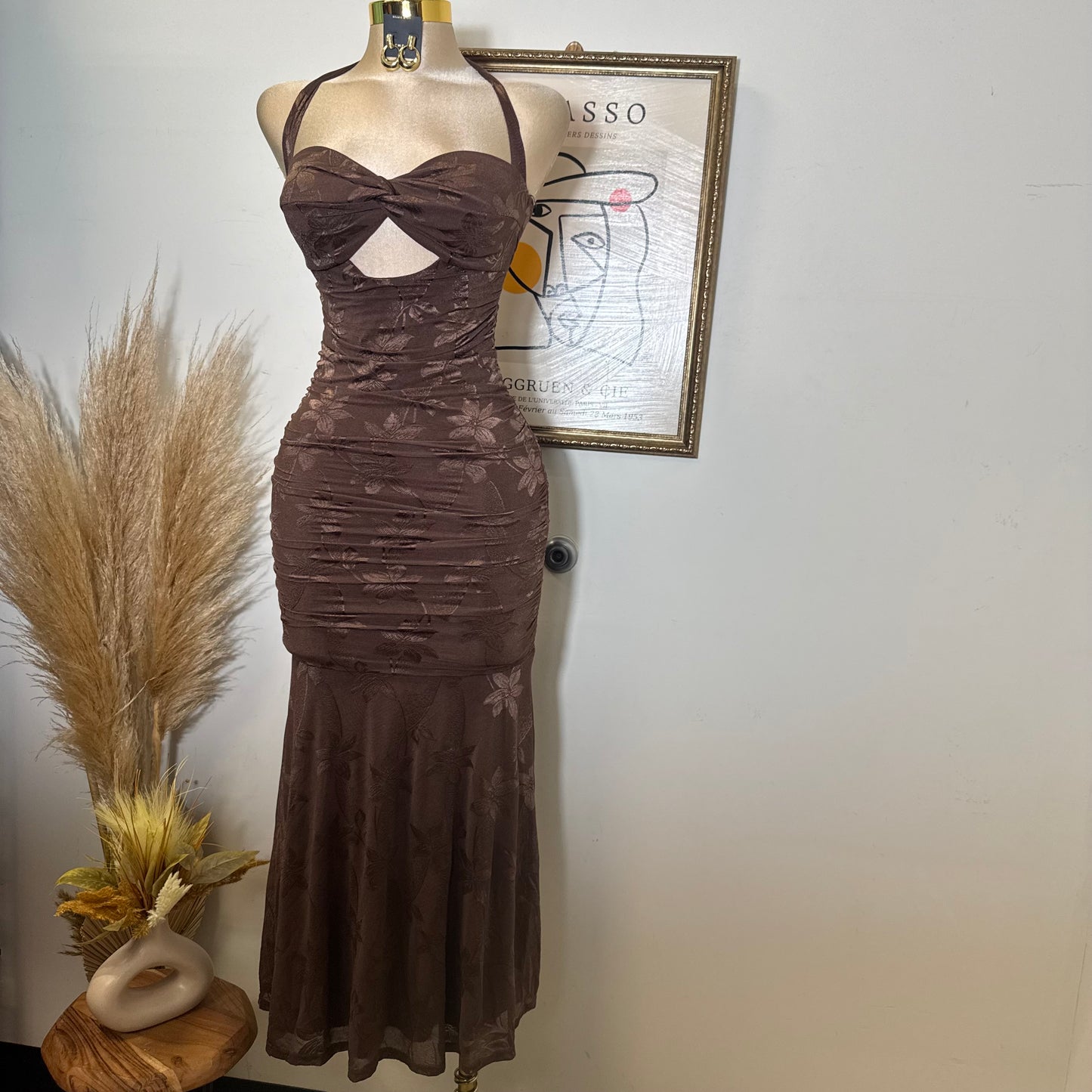 Trim accent Midi Dress-Chocolate