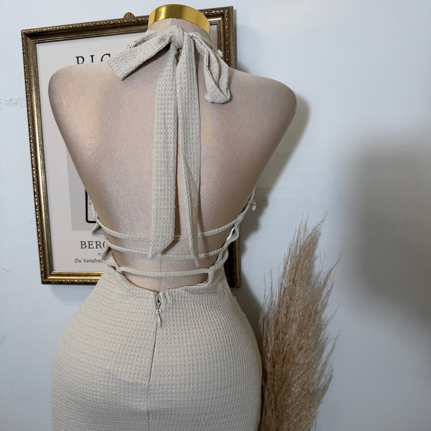 Shell Trim Detail Halter Neck Mini Dress-Natural