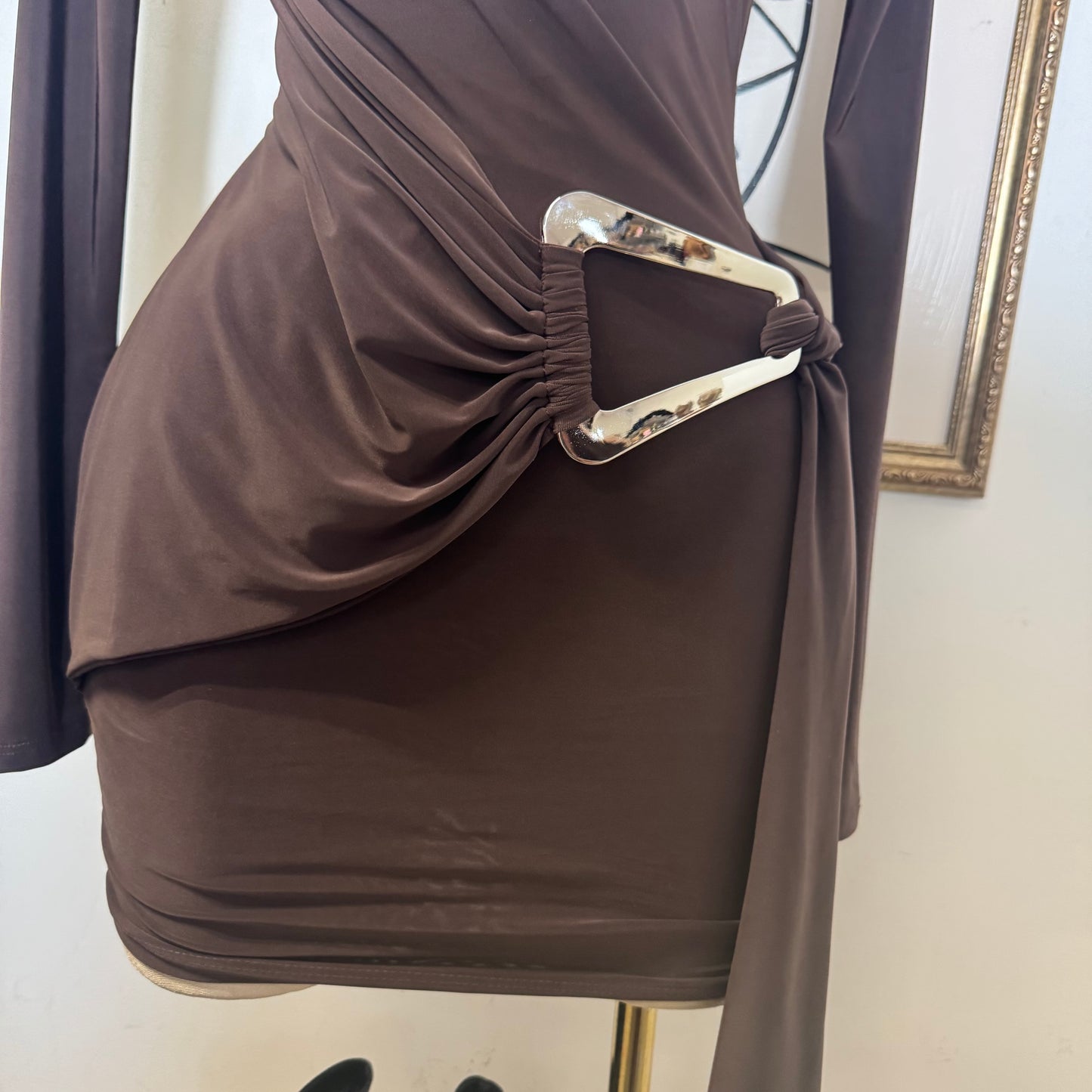 Long sleeve Drape Mini Dress-Brown