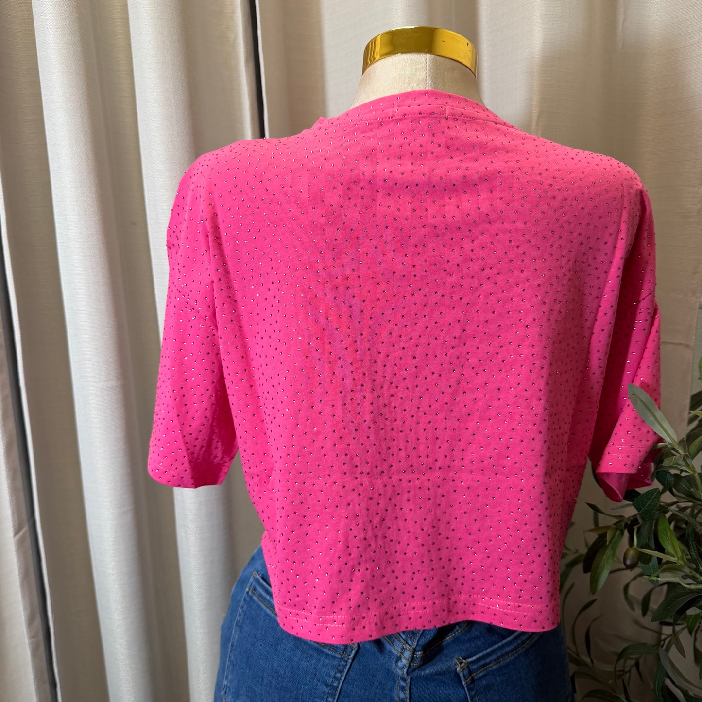 Rhinestone Crop Top-Pink Fuchsia