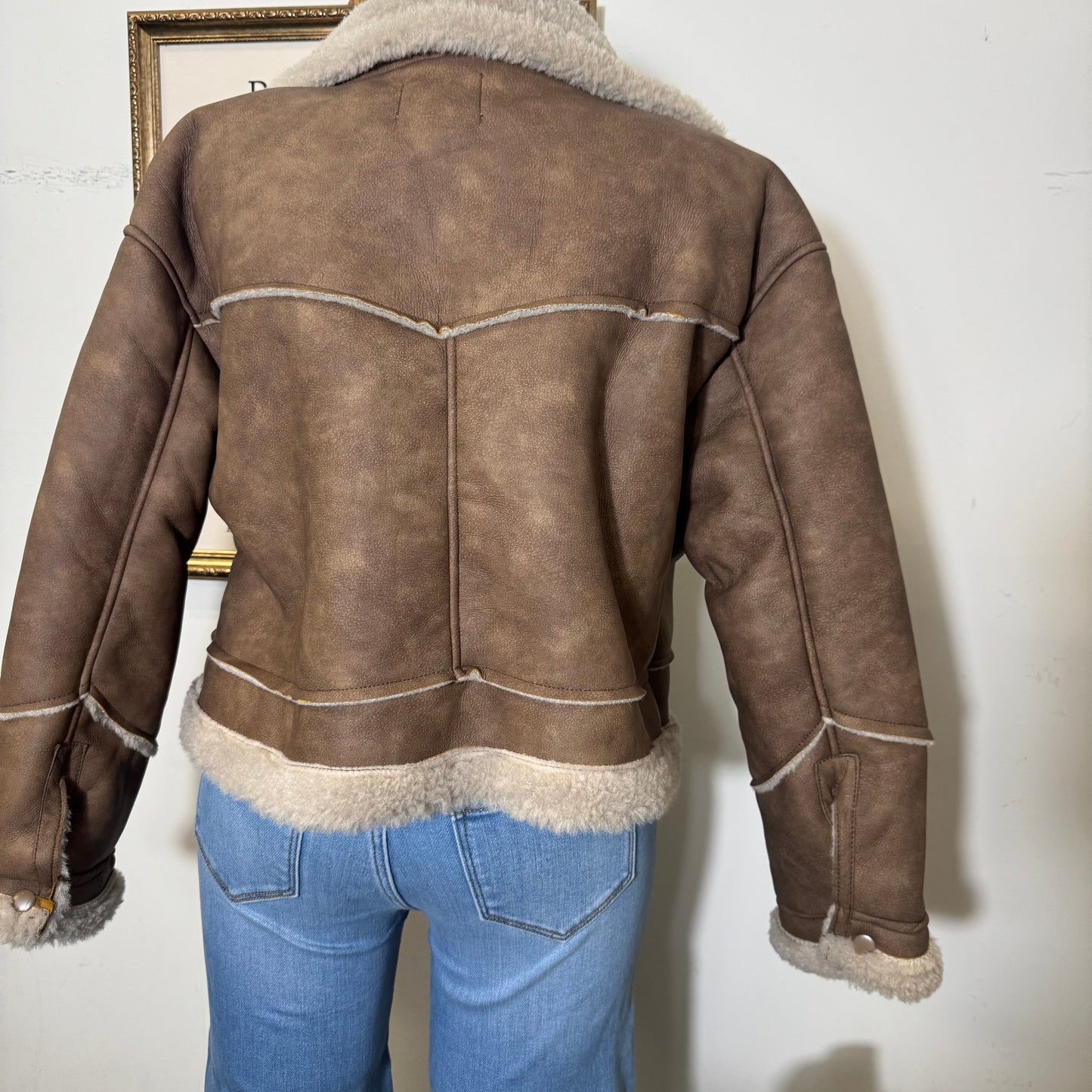 Long Sleeve Pocket Detail Faux Leather Inner Fur Jacket-Brown