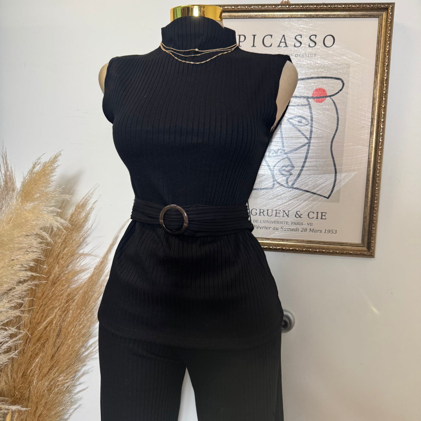 Sleeveless Mock neck with Belt rib knit Top and Wide Rib Knit pants-Black