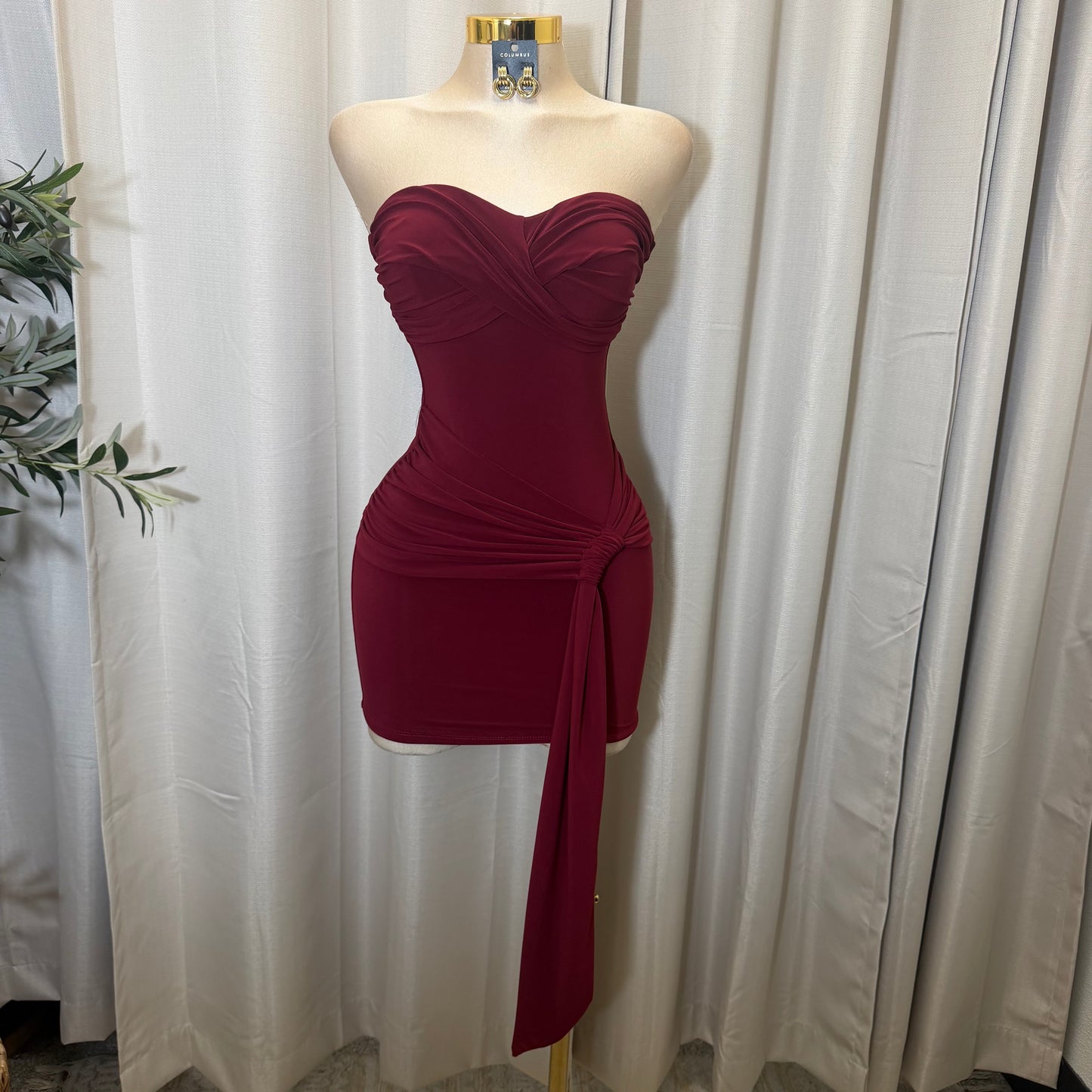 STRAPLESS WAIST WRAP MINI DRESS-Burgundy