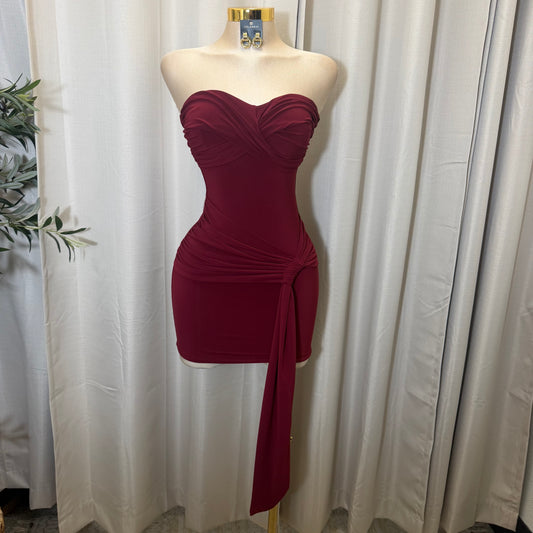STRAPLESS WAIST WRAP MINI DRESS-Burgundy