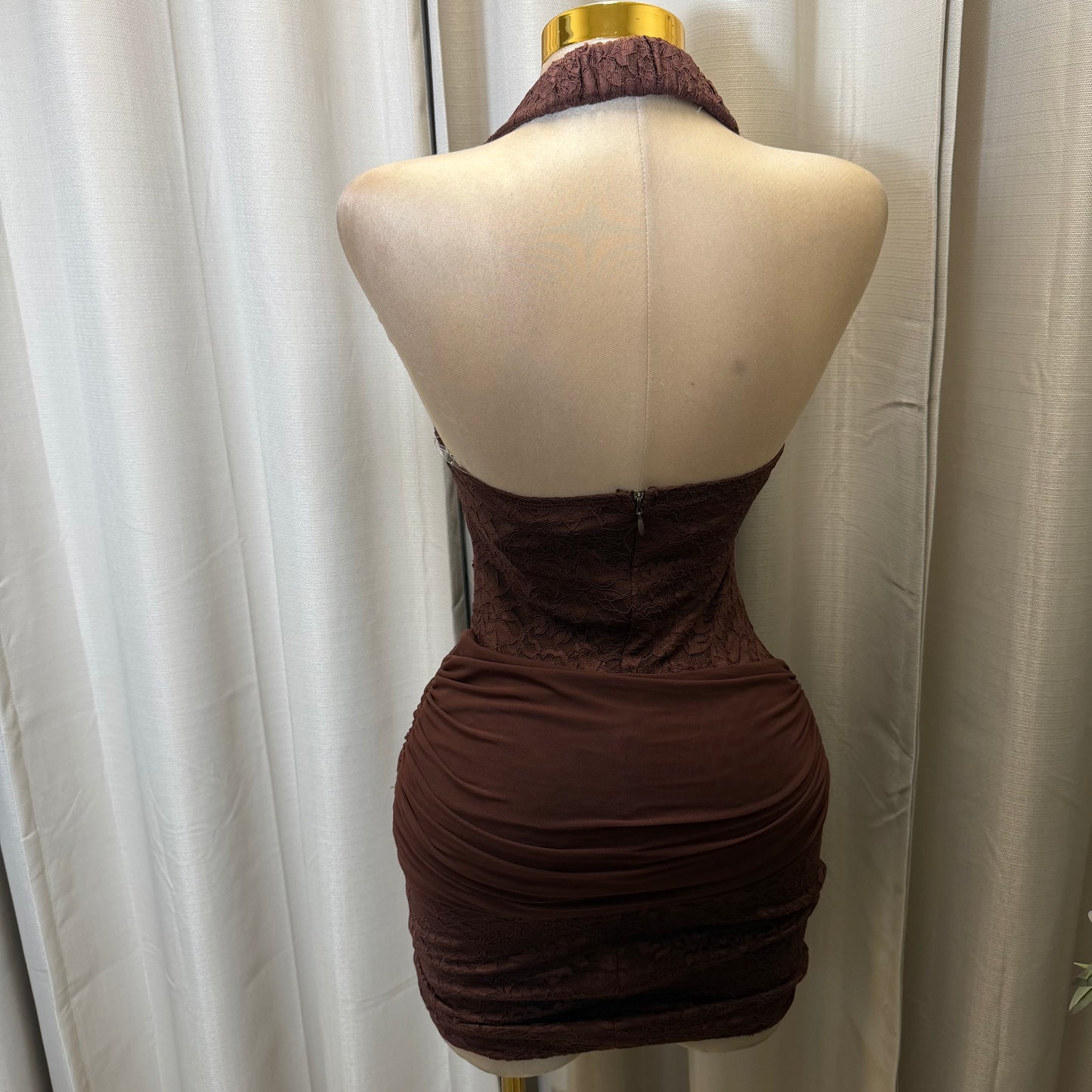 Halter Lace Gold Detail Mini Dress-Brown