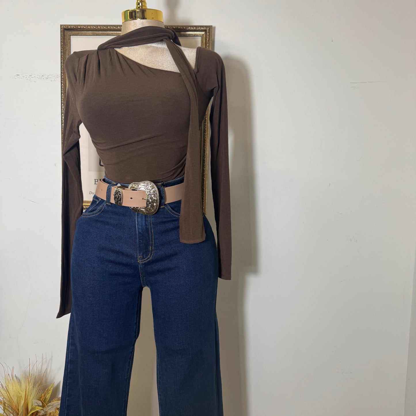 Asymmetric Neckline Knit Top-Chocolate