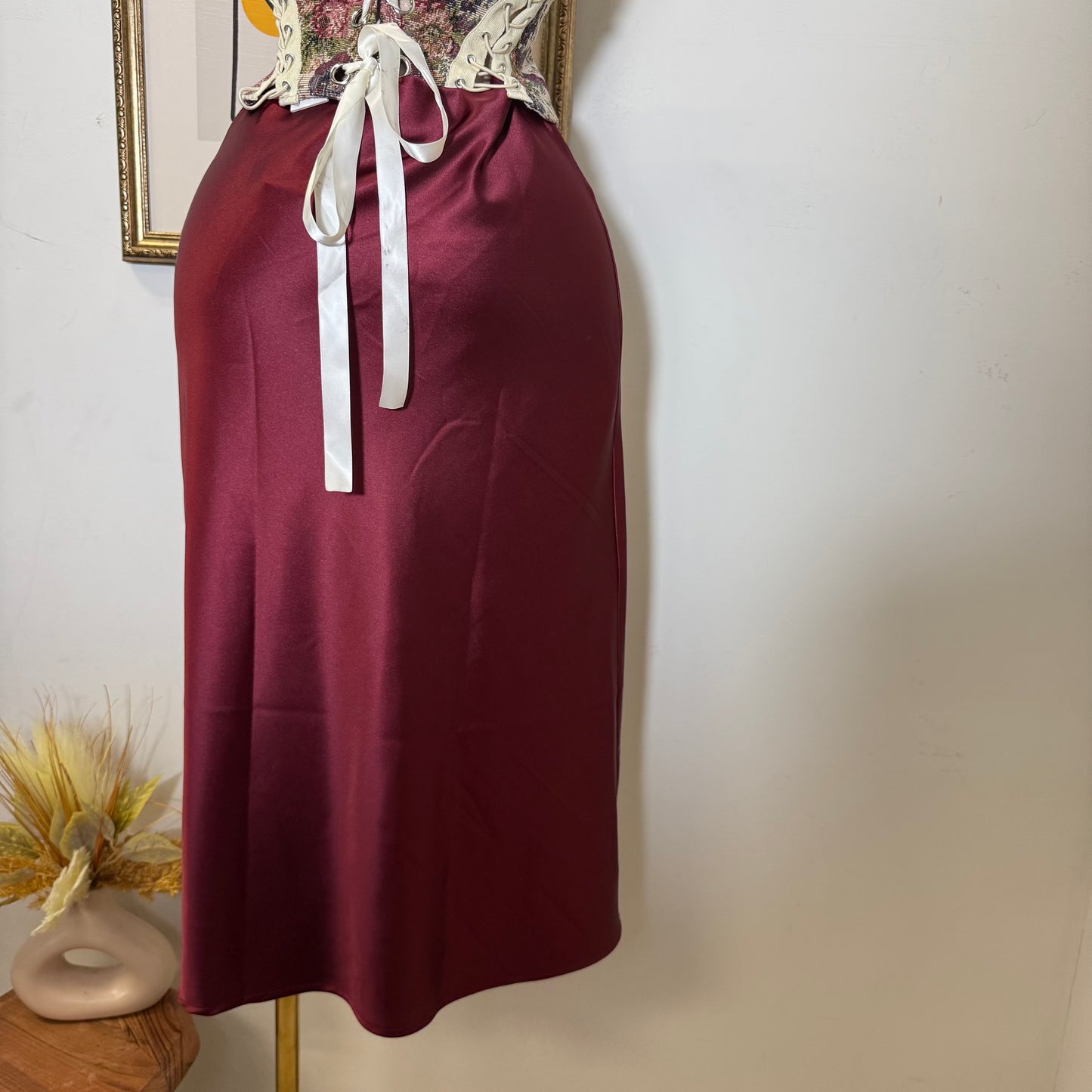 Satin Midi Skirt-Burgundy