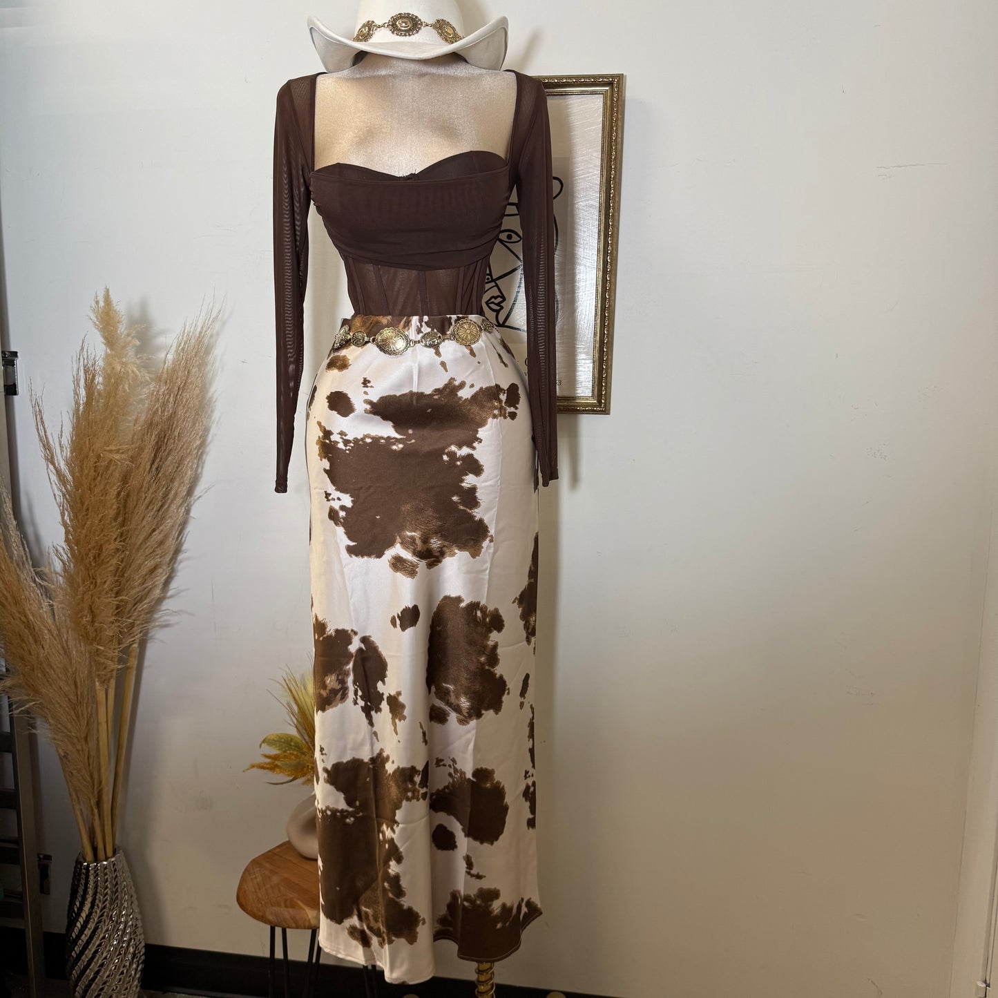 Cow Print Satin Maxi Skirt-brown