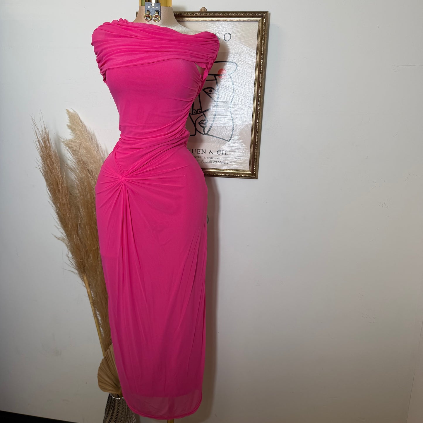 Maxi Mesh Dress Detail in the front -Hot Pink