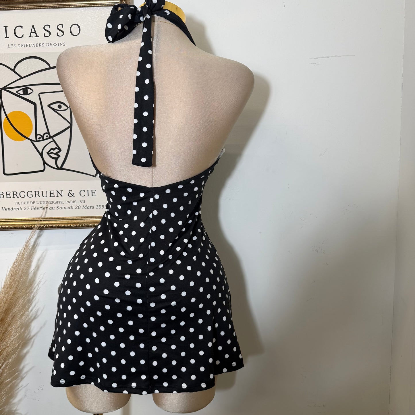 Halter Plunge V-Neck Mini Dress -Polka Dots