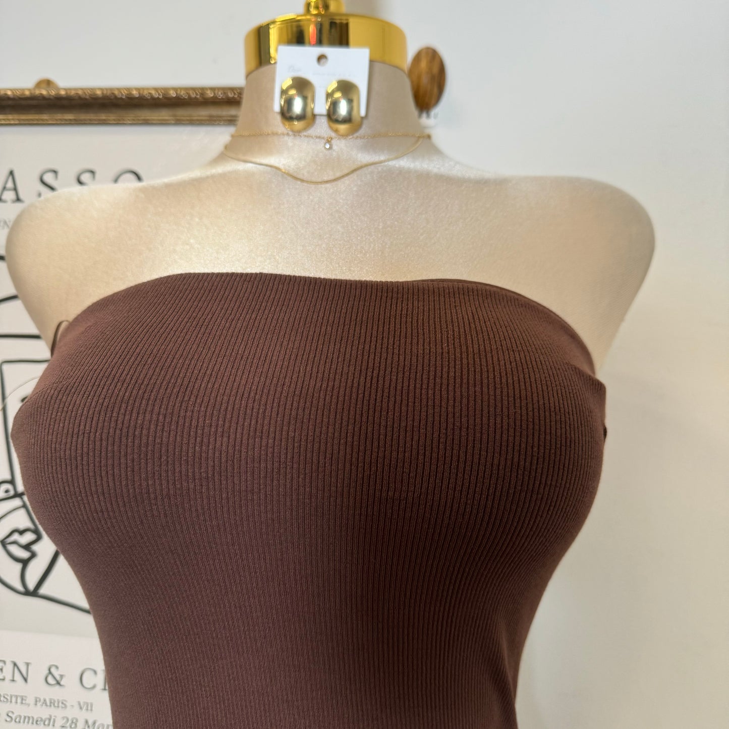 Strapless Ribbes Dress with Cardigan-Brown