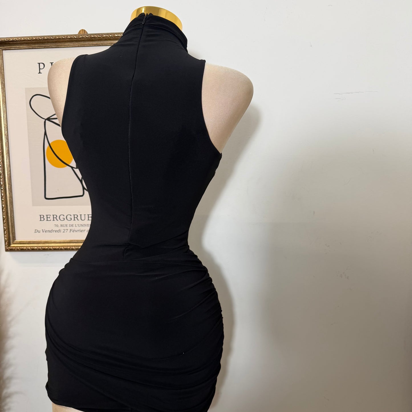 Mock Neck Front Sash With Trim Detail Mini Dress-Black (Copy)
