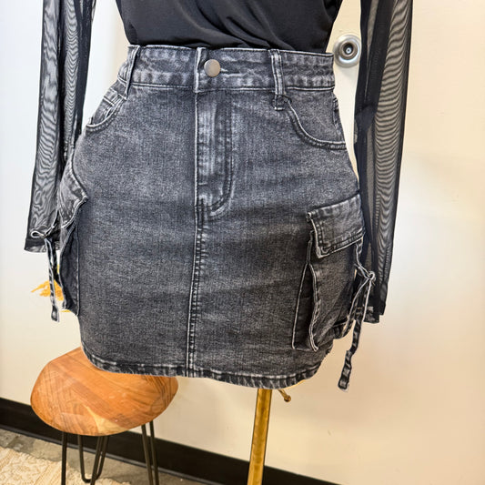 Cargo Denim Mini Skirt-Black