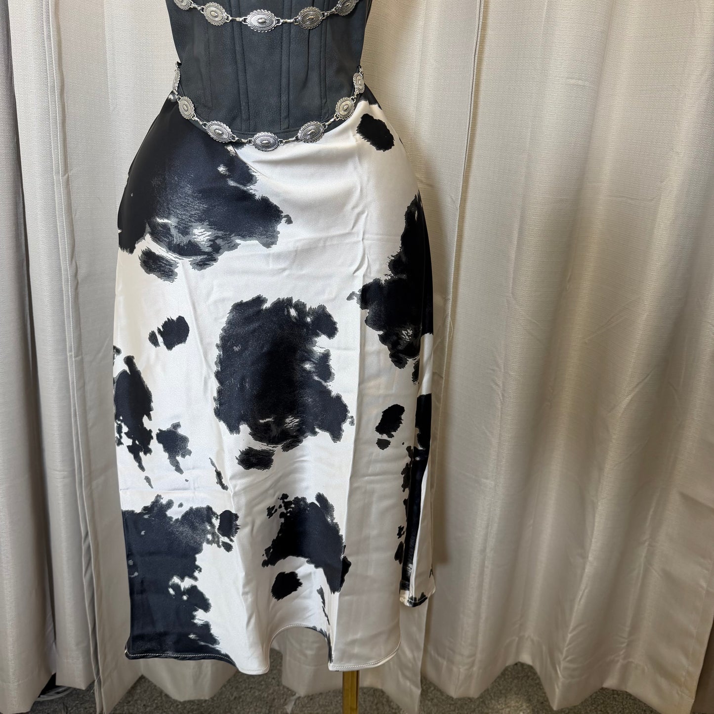 Cow Print Satin Midi Skirt-Black/white