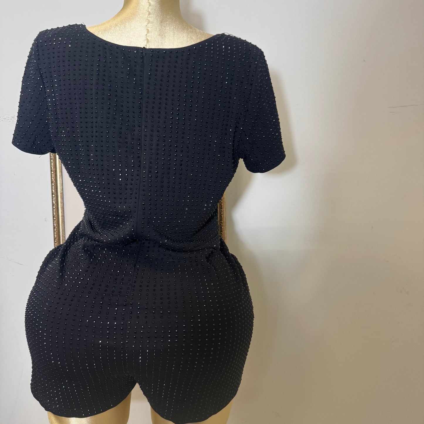 PL Shorts Sleeve Rhinestone Romper-Black
