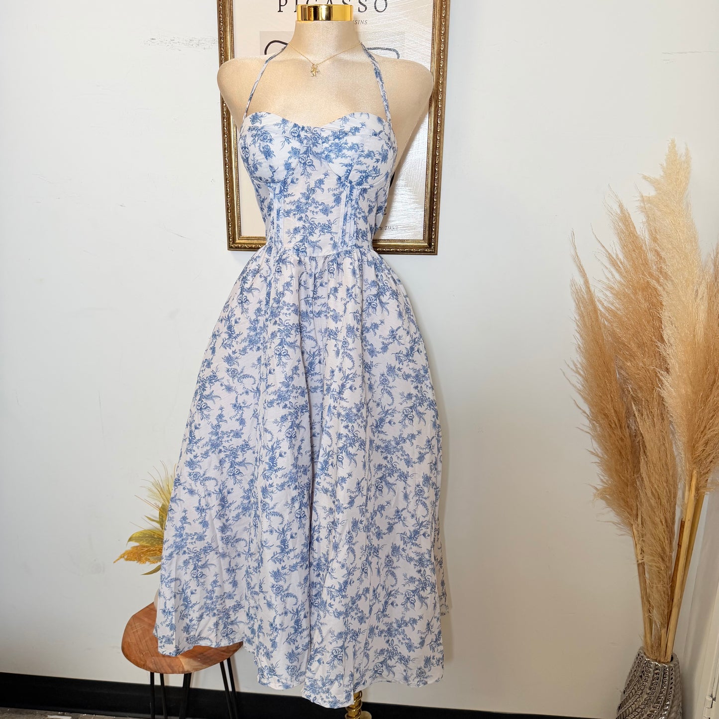 Blue Willow Halter Midi Dress-Navy
