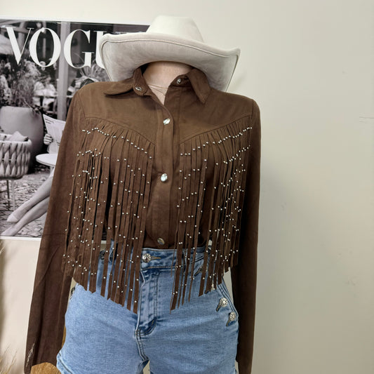 Suede Stud Fringe Shirt-Brown