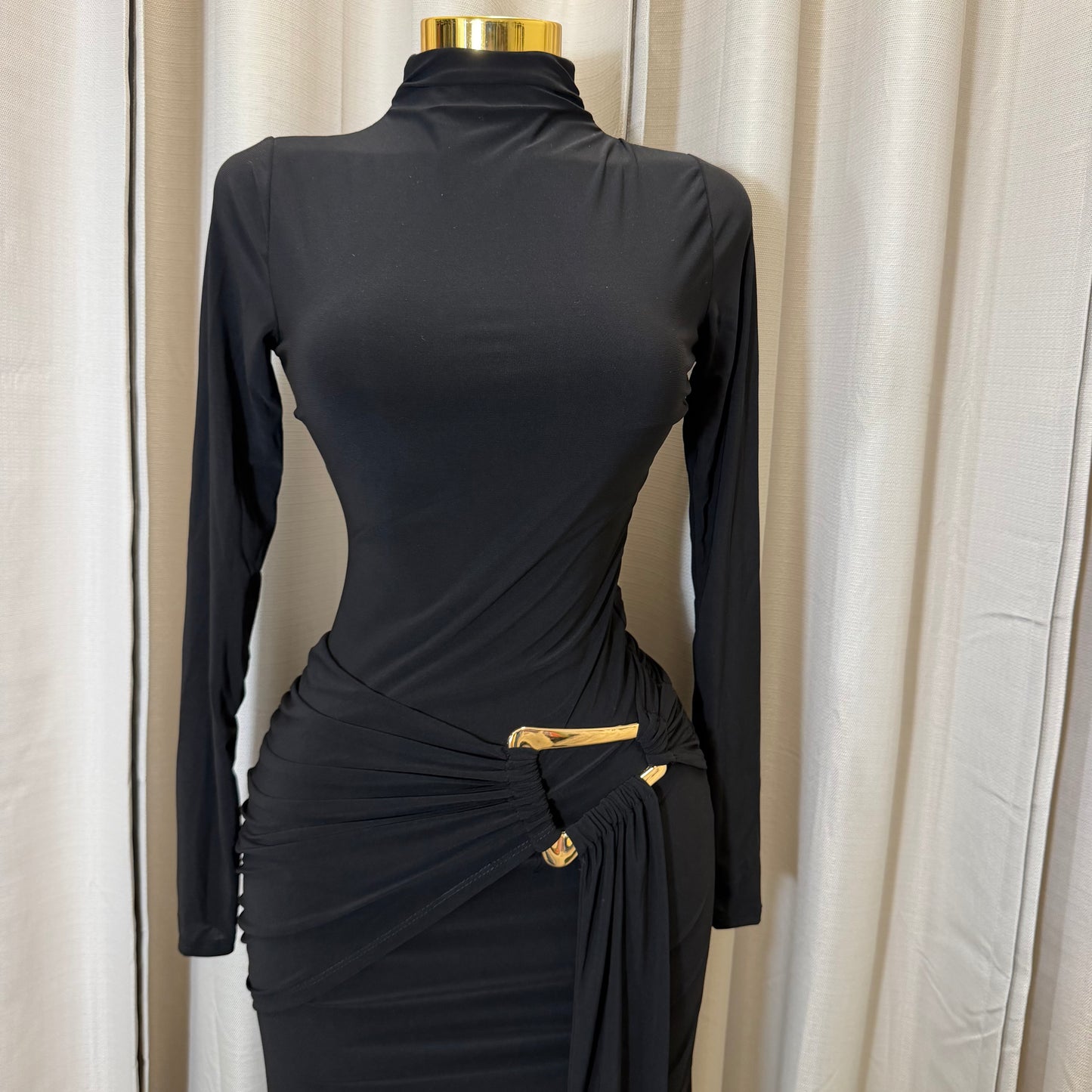 Long sleeve  Solid Double Layer Front Sash Midi Dress-Black