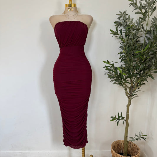Mesh Off Shoulder Maxi Dress-Burgundy