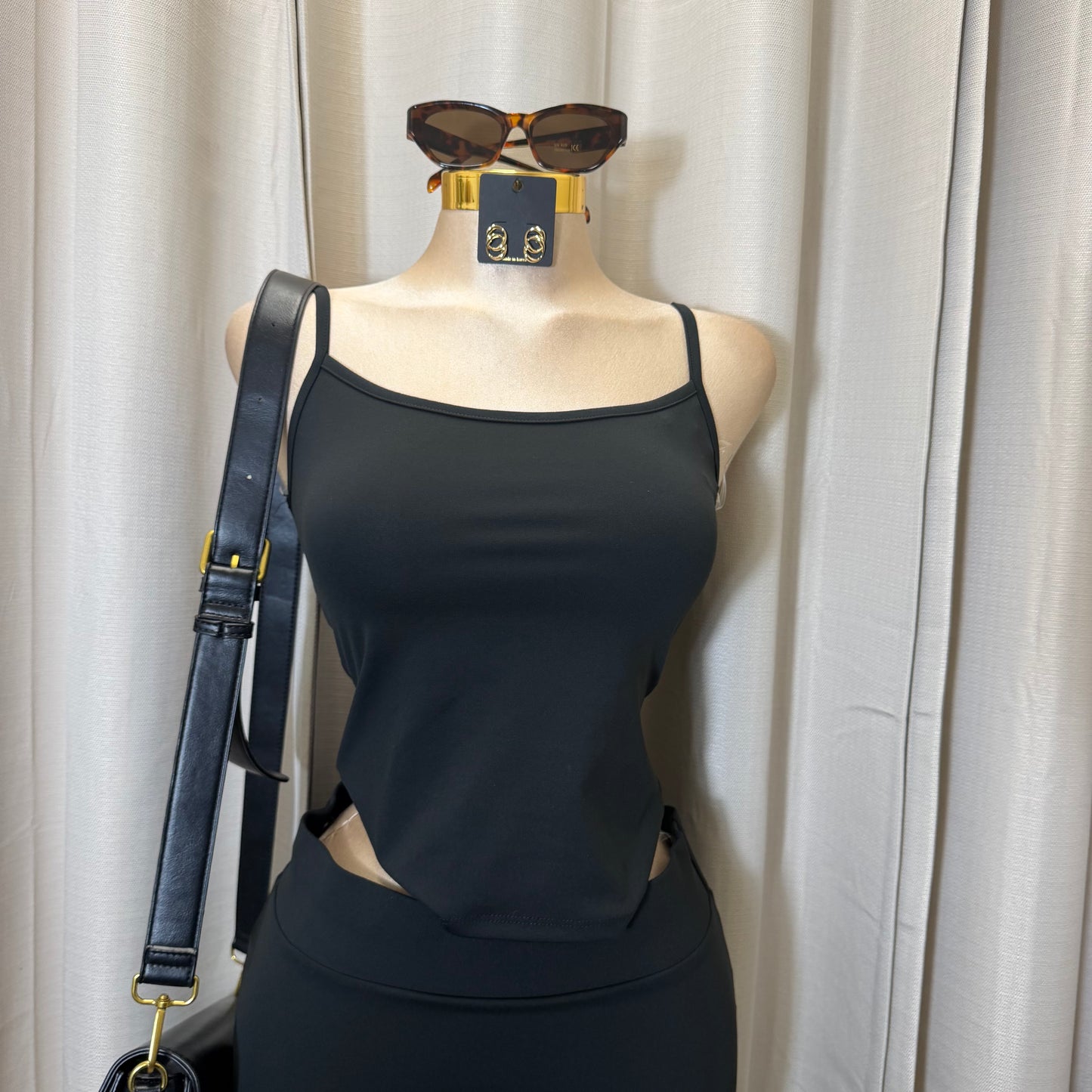 Cami Top & Gaucho Pants Set-Black
